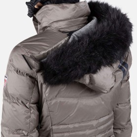 Doudoune de ski Rossignol Femme de couleur argentée, chaude (Primaloft®, duvet, laine mérino) et imperméable en déstockage