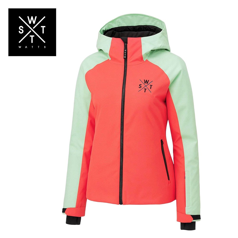 veste de ski femme fun et colorée signée Watts - rose fluo et vert - moins de 120 € - image générée par l'IA