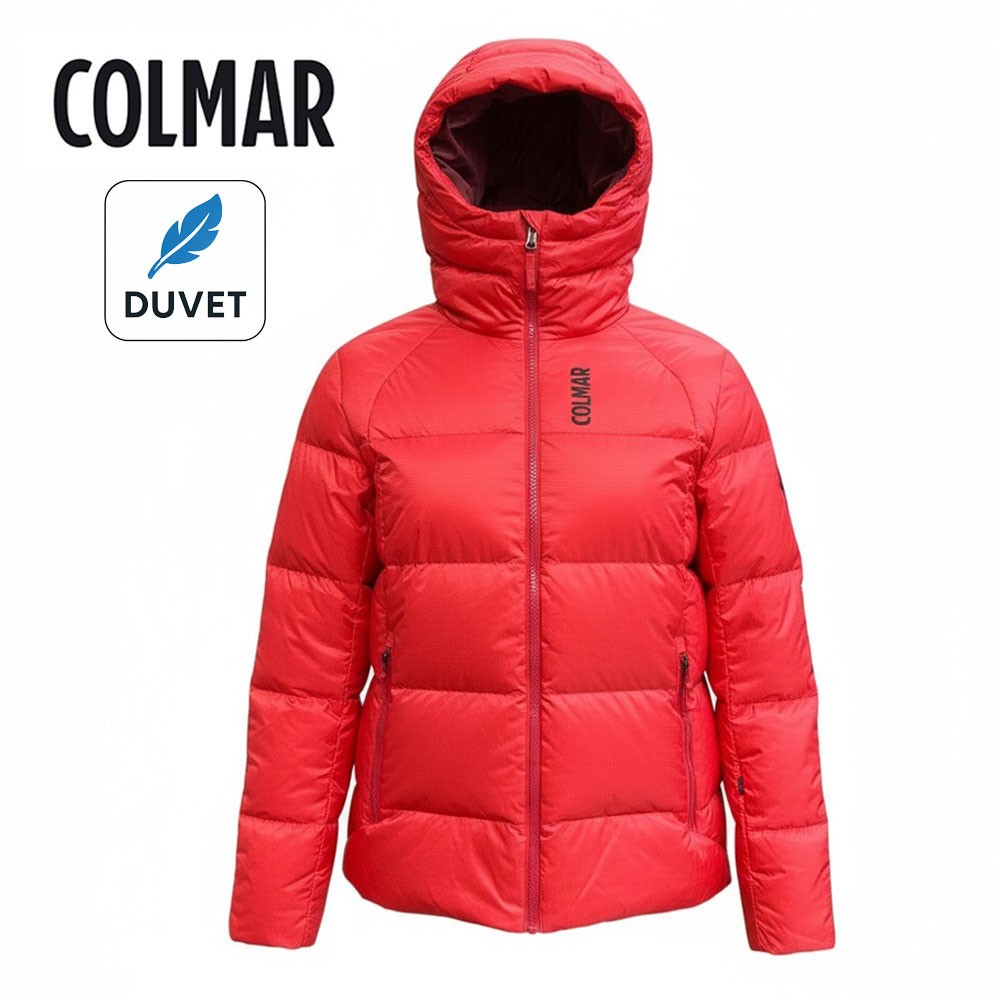 Doudoune de marque italienne Colmar. Chaude en duvet qui protège de la pluie. En détockage. Image modifiée par l'IA.