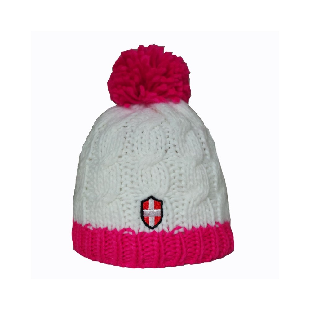 Bonnet de ski Croix de Savoie Pompon Blanc/Rose Unisexe