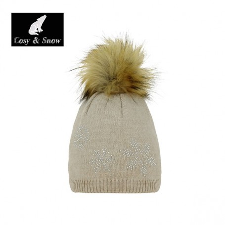 Bonnet polaire Femme ADORED avec pompon en fausse fourrure Crème