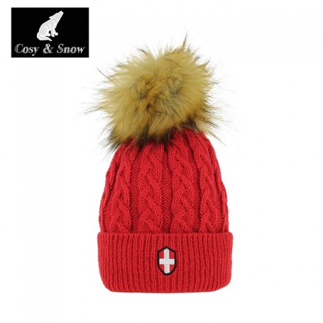 Bonnet Pom Pom, aspect tricoté main , Rouge